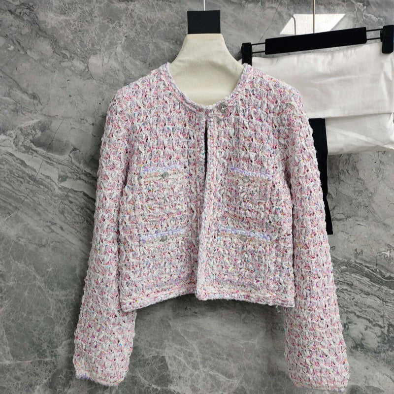 26Pink-and-white tweed, openwork, cropped, Chanel-style round-neck jacket