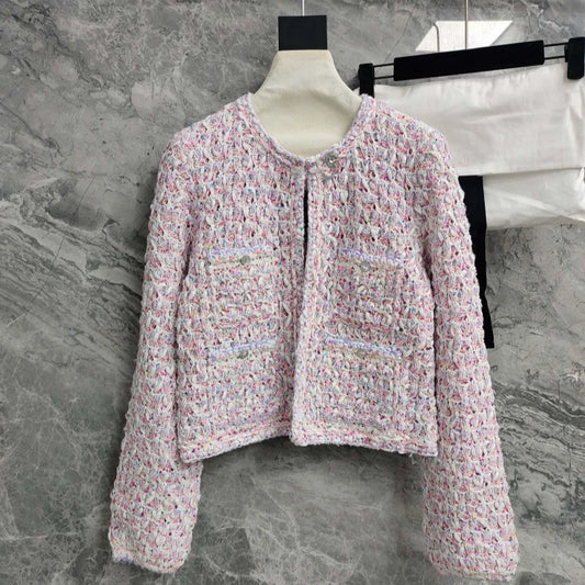 26Pink-and-white tweed, openwork, cropped, Chanel-style round-neck jacket