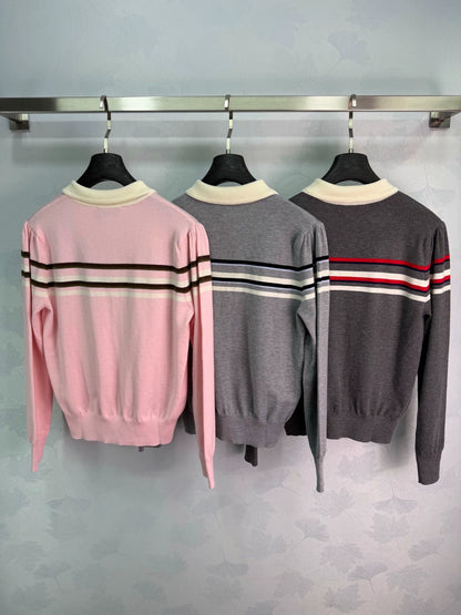 MiuMiu/26 Early Autumn New Color-Block Striped Collared Knit Long-Sleeve