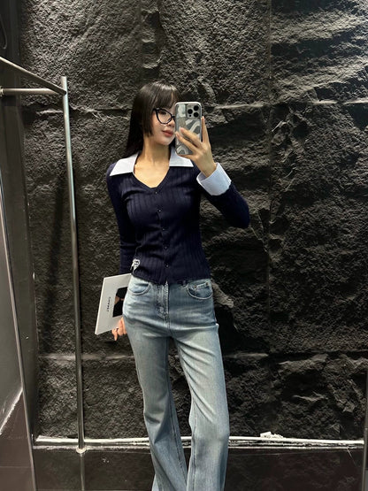 Knitted long sleeved shirt collar with patchwork