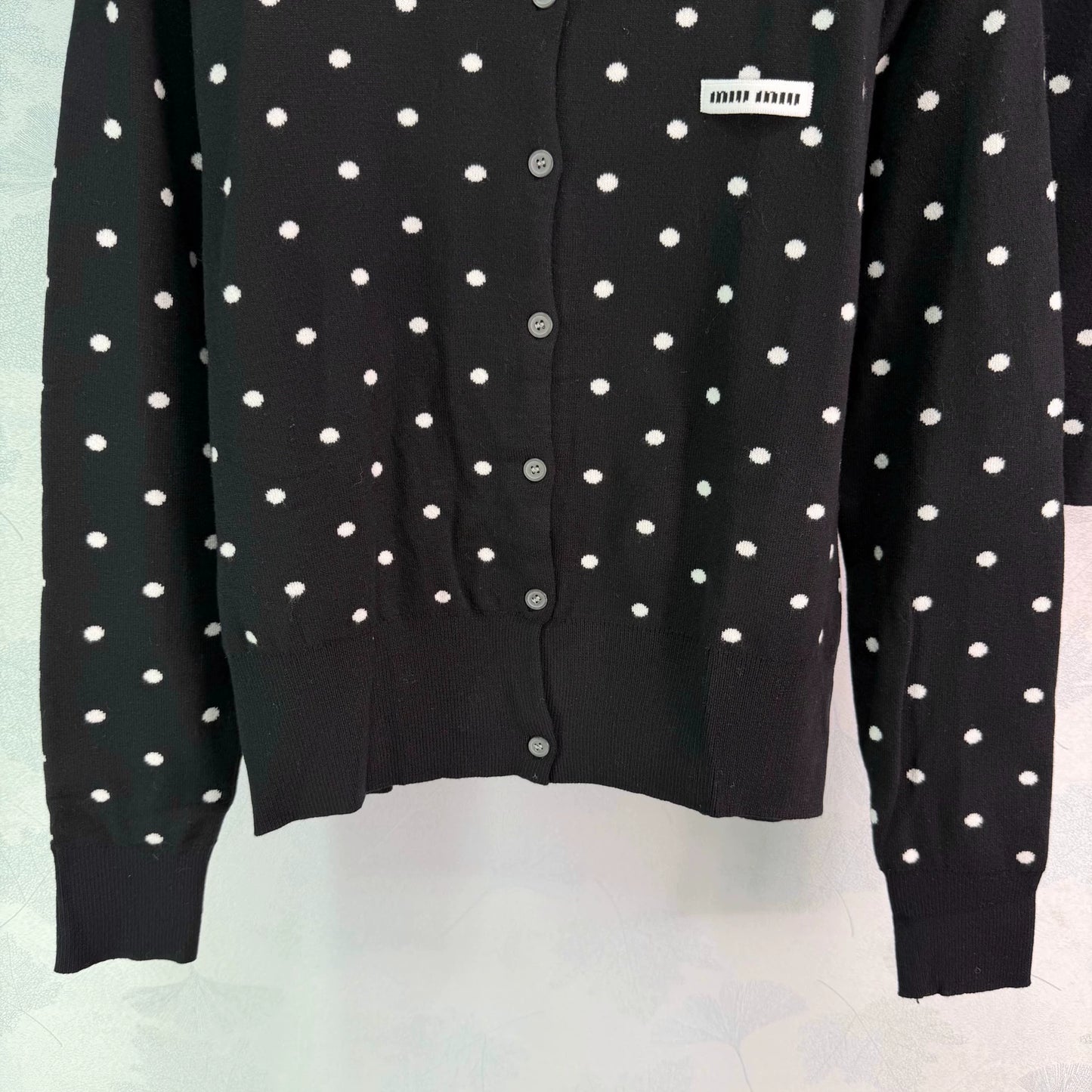MiuMiu/26 Early Fall New Polka Dot Knit Long-Sleeve Cardigan and Mini Skirt Set