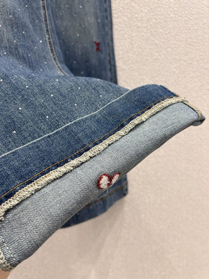 25FW rhinestone logo embroidered denim pants