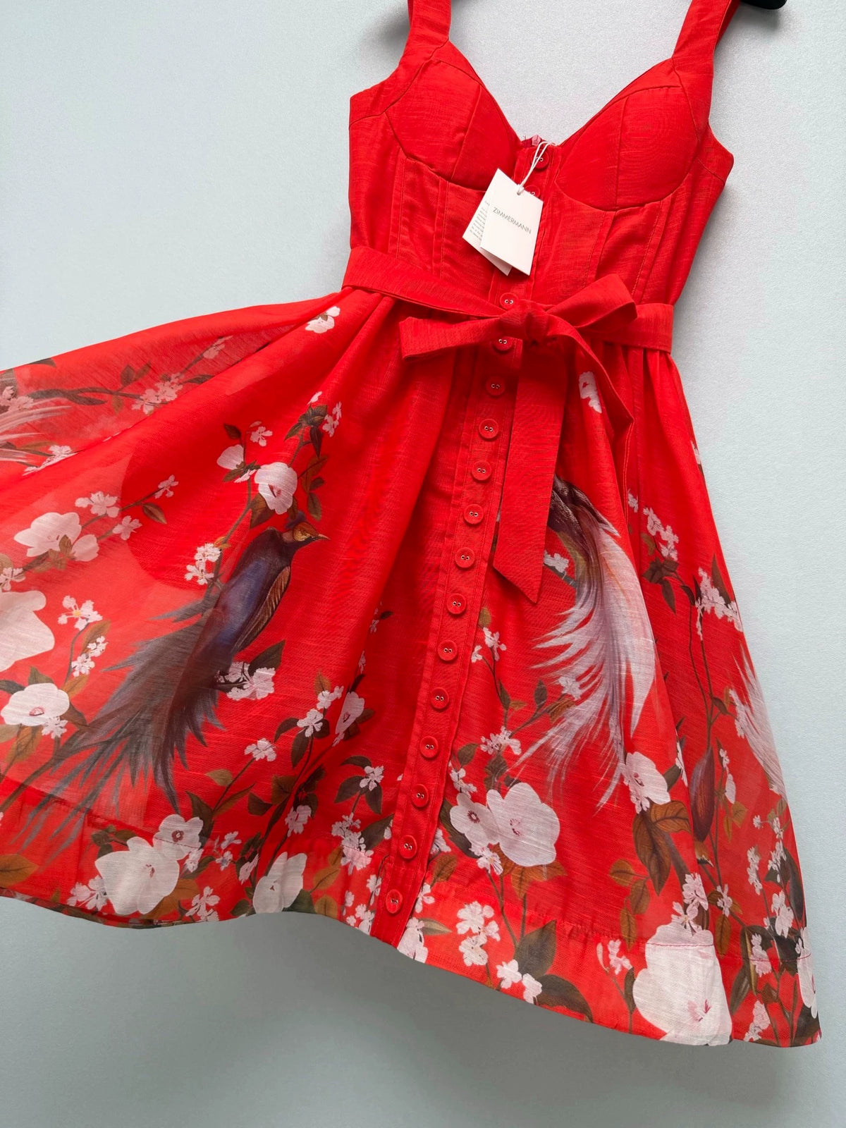 26New Arrival: Vibrant, Bright Red Corset-Style Camisole Dress with Floral and Bird Motifs