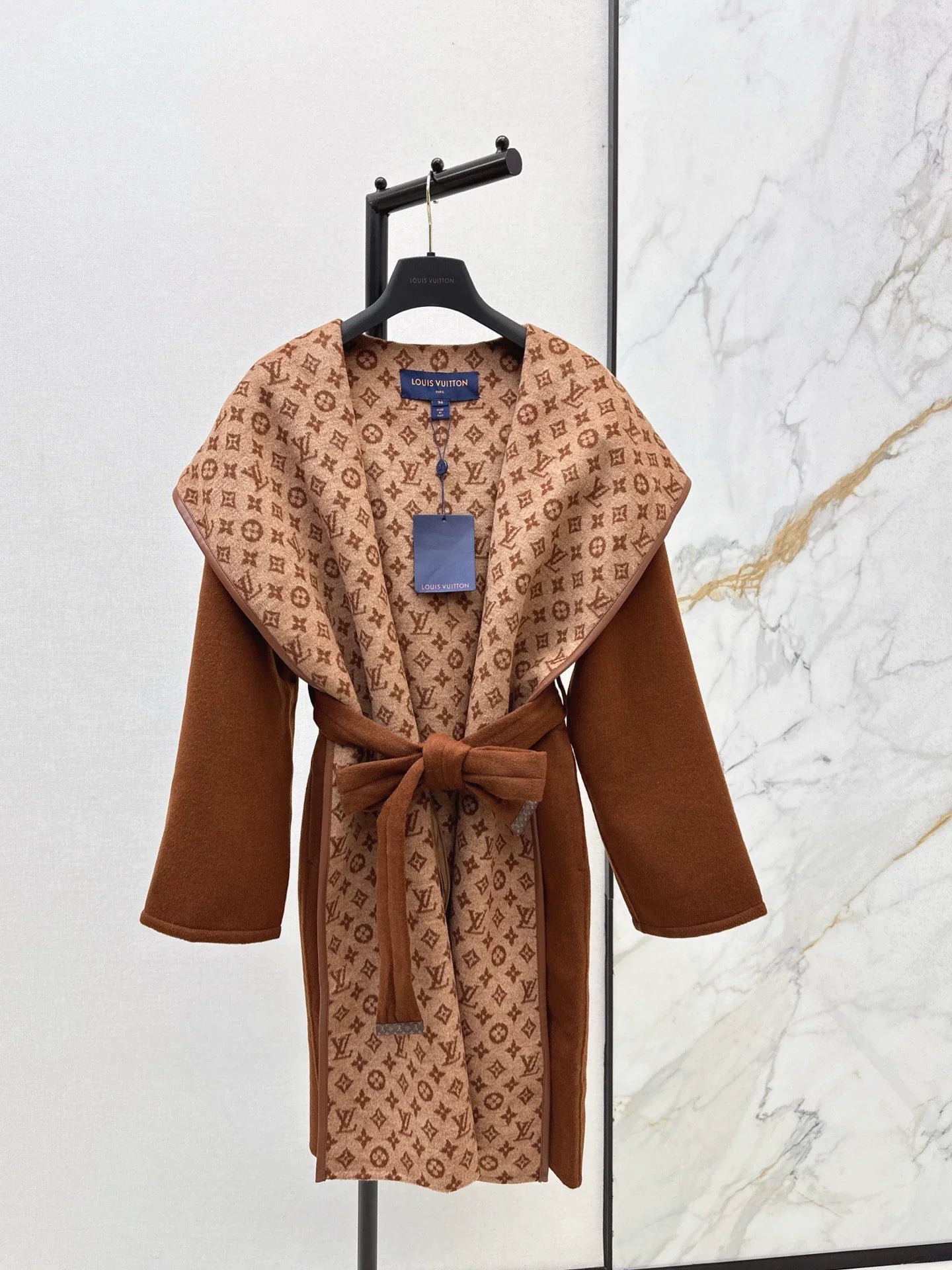 Double sided wearable classic wrap style long hooded coat