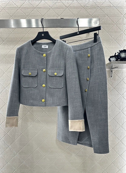Round neck patchwork sleeve jacket half skirt set