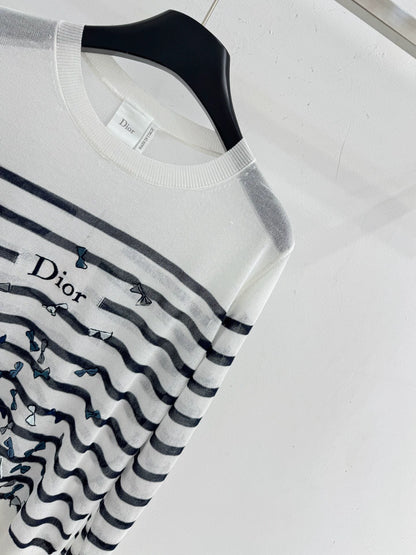 26Striped Bow-Embroidered Knit Top