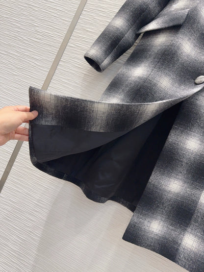 26New contrast plaid suit collar long sleeve mid-length jacket
