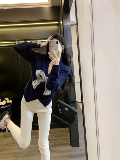 Pearl-studded bow pullover