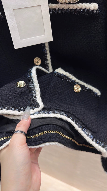 Color-blocked tweed short jacket