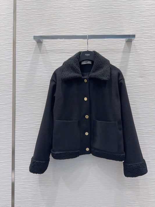 26Long-Sleeve Coat with Faux-Leather Pockets, Single-Breasted Closure, and Fur Collar