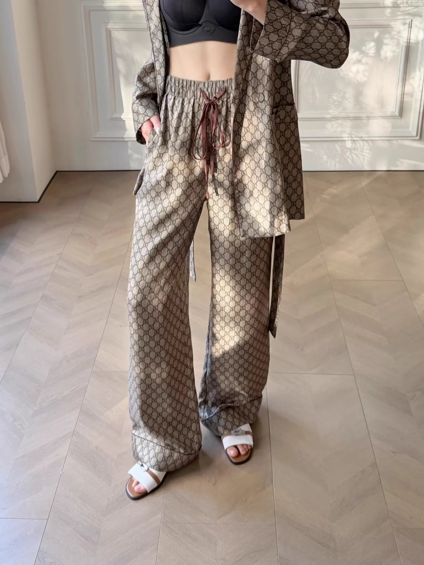 Monogram belted shirt and silk set