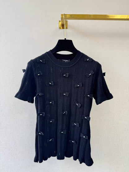 26ss Bow and Pearl Knit T-shirt