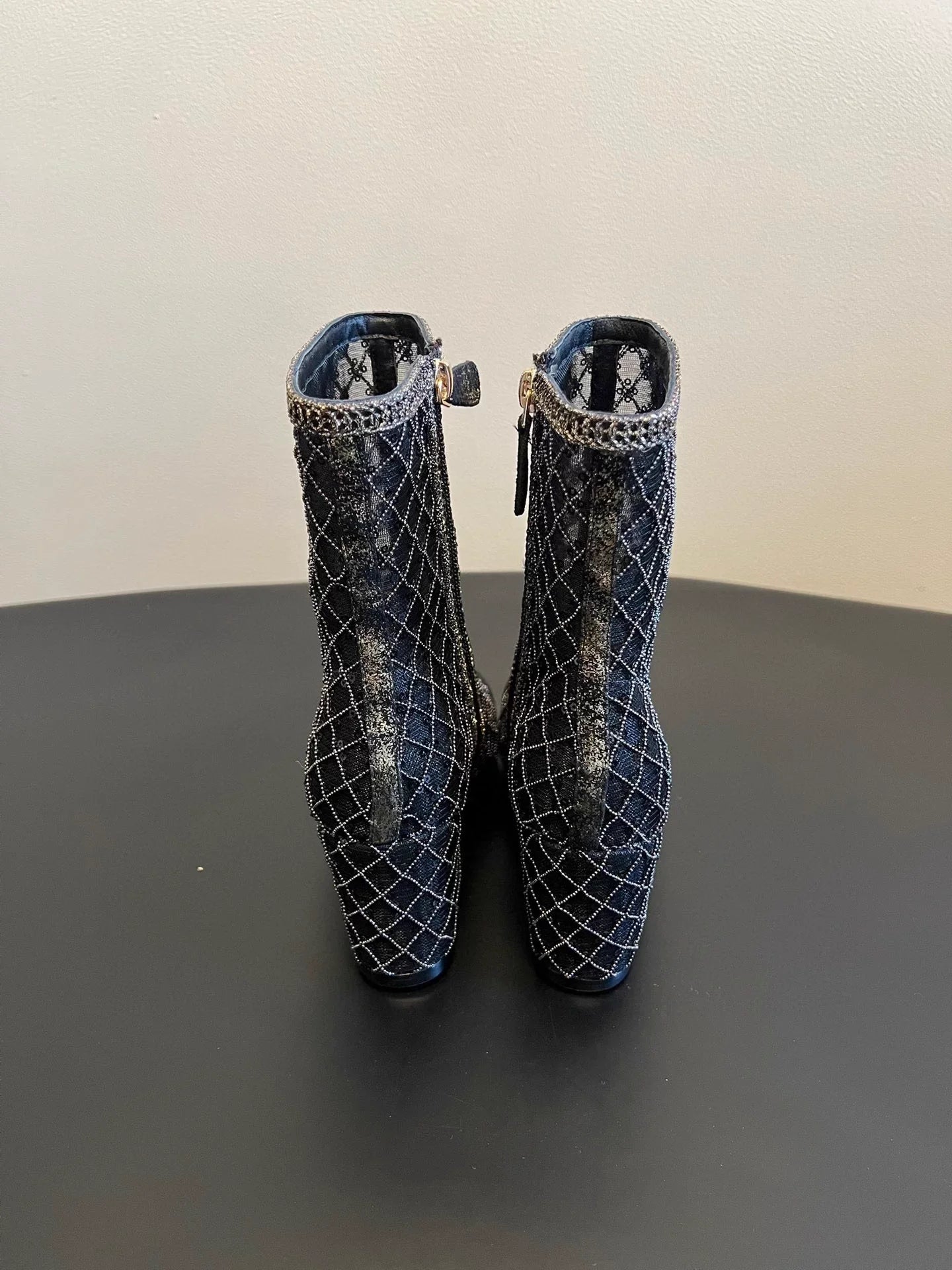 Mesh woven sequined wedge ankle boots