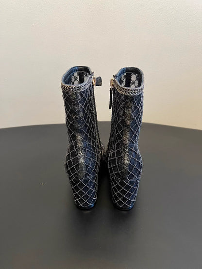 Mesh woven sequined wedge ankle boots