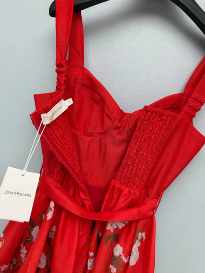 26New Arrival: Vibrant, Bright Red Corset-Style Camisole Dress with Floral and Bird Motifs