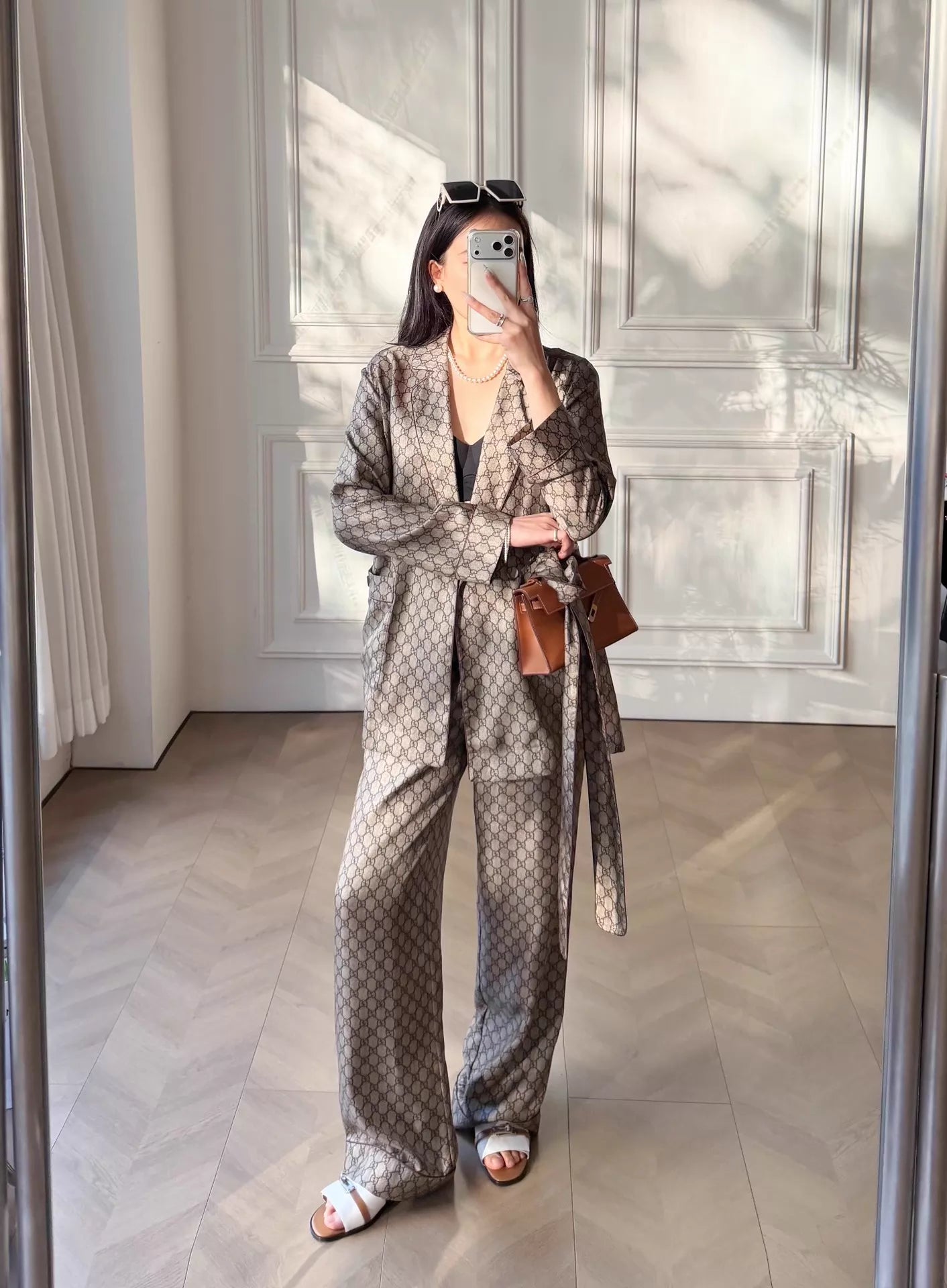 Monogram belted shirt and silk set
