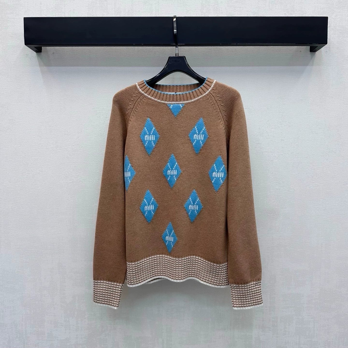 MiuMiu/26 New Season Diamond-Pattern & Stripe Knit Sweater