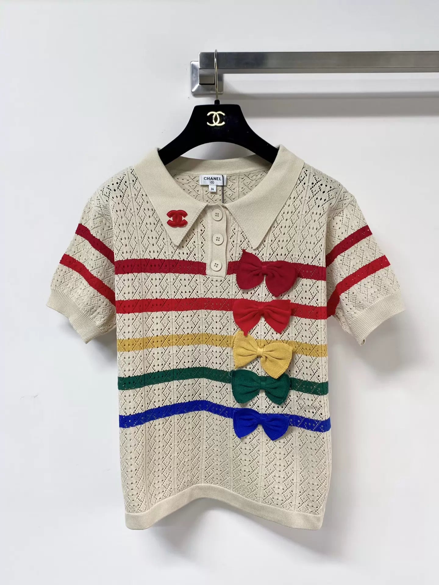 26ss Striped bow logo collared short-sleeved shirt