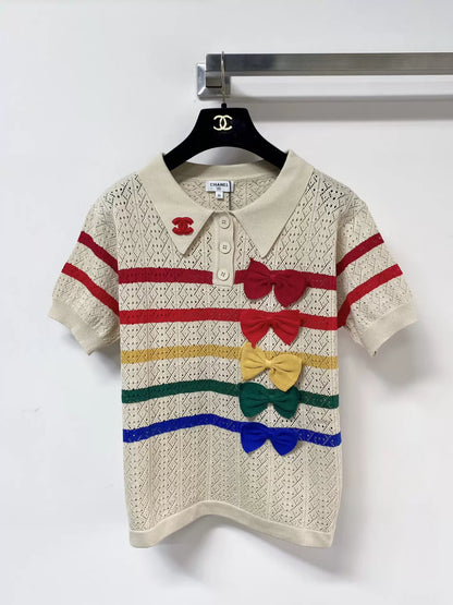 26ss Striped bow logo collared short-sleeved shirt
