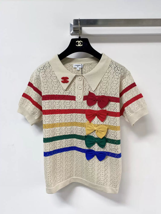 26ss Striped bow logo collared short-sleeved shirt