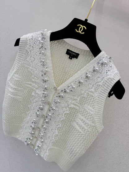 26ss Lace-trimmed openwork knit vest