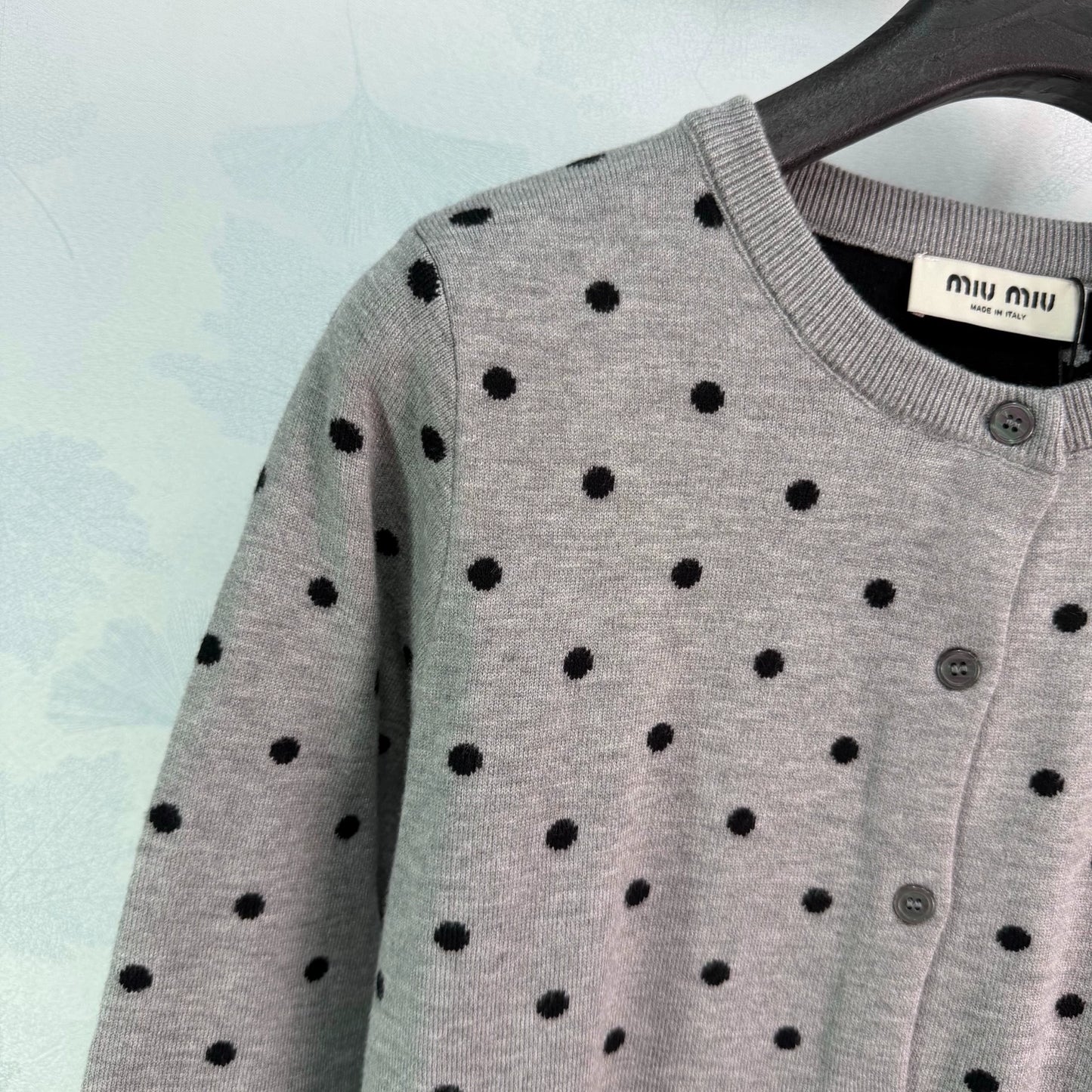 MiuMiu/26 Early Fall New Polka Dot Knit Long-Sleeve Cardigan and Mini Skirt Set