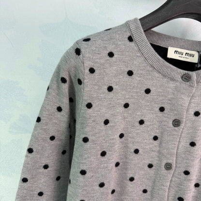 MiuMiu/26 Early Fall New Polka Dot Knit Long-Sleeve Cardigan and Mini Skirt Set