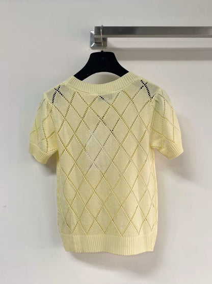26ss Diamond-patterned rhinestone bow logo T-shirt
