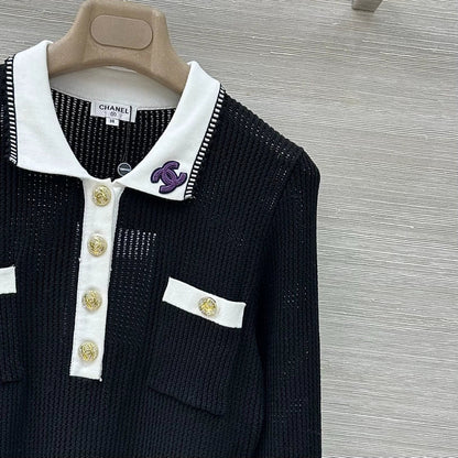 Embroidered mesh knitted long sleeved shirt