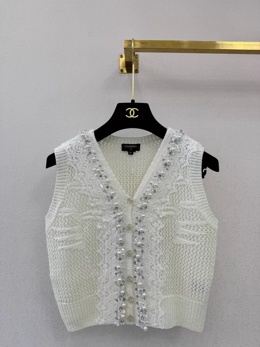 26ss Lace-trimmed openwork knit vest