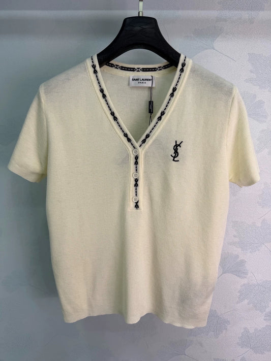 Yves Saint Laurent/26ss New V-Neck Knit Short Sleeve