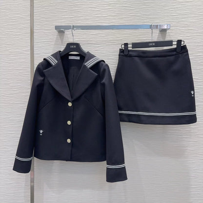 Navy Collar Jacket and Skirt Set