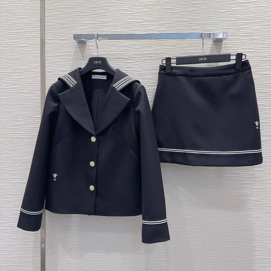 Navy Collar Jacket and Skirt Set