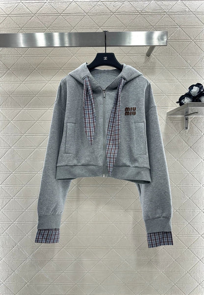 Mi 25 Plaid patchwork hooded jacket and skirt suit