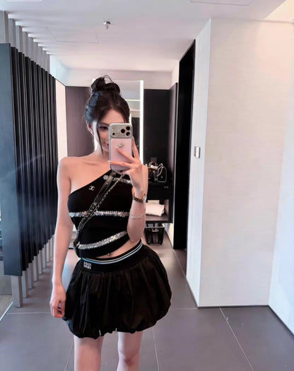 26ss Sequined Striped Knit One-Shoulder Vest