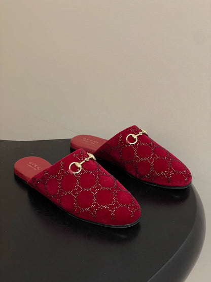 Rhinestone velvet mules