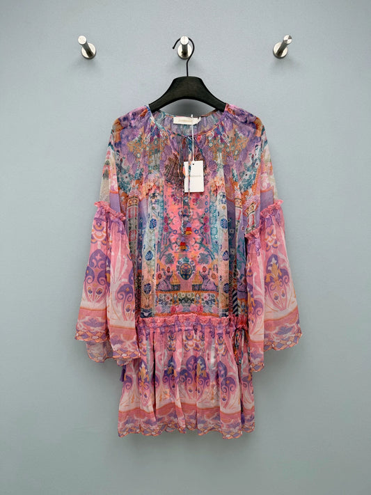 26Bohemian-Style Printed Mini Dress with Tassel Accents