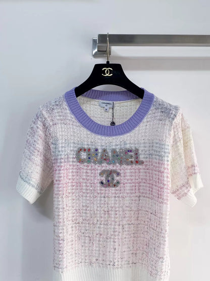 26ss Gradient letter beaded T-shirt