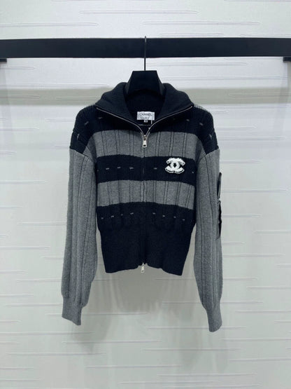 Stand up collar double zipper knitted cardigan