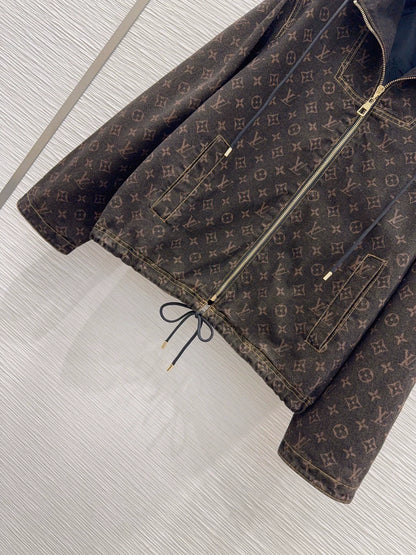26New Long-Sleeve Denim Hooded Jacket with Print, Drawstring, and Zipper