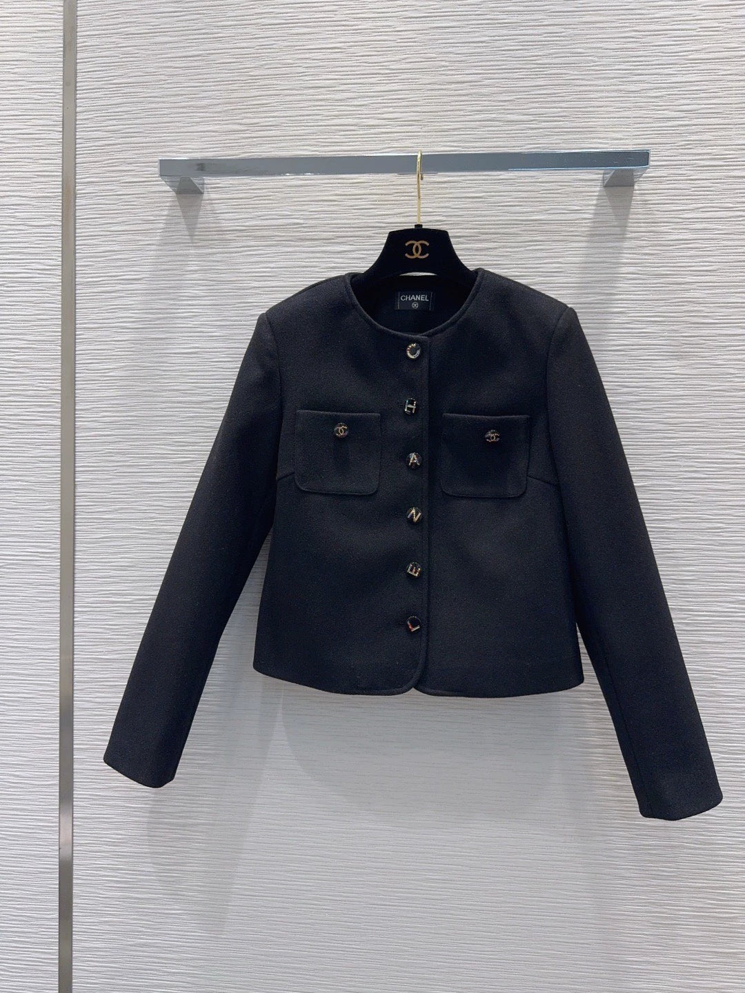 26New Black Single-Breasted Wool-Blend Coat with Letter Detailing