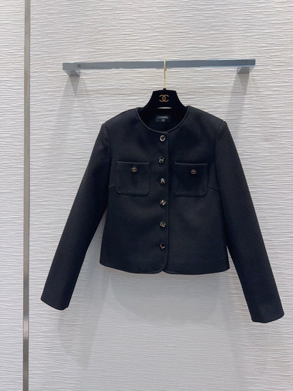26New Black Single-Breasted Wool-Blend Coat with Letter Detailing