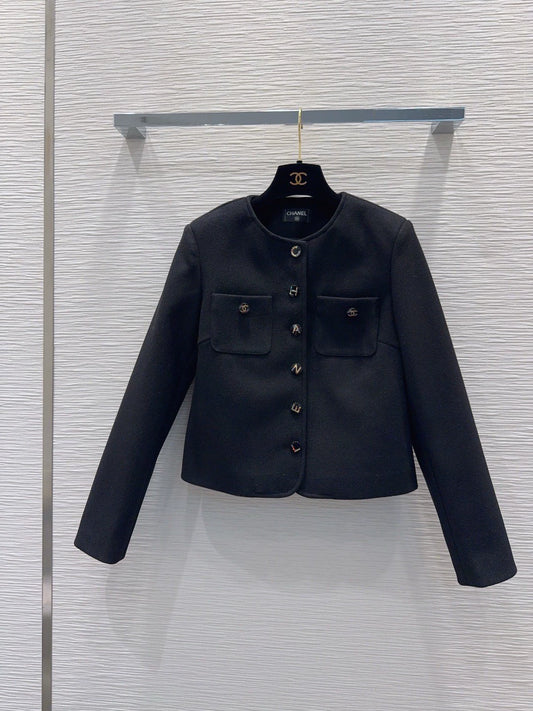 26New Black Single-Breasted Wool-Blend Coat with Letter Detailing