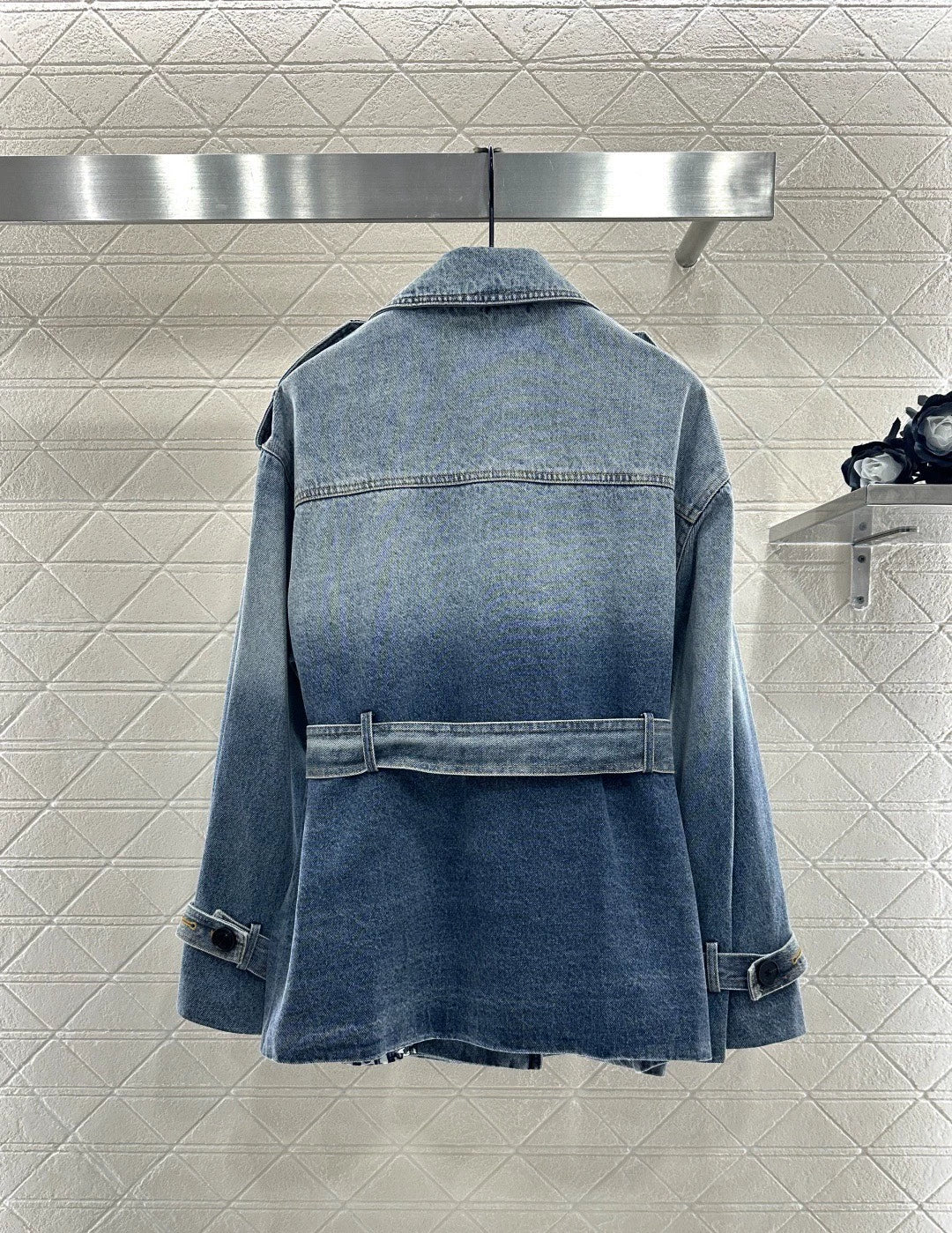 Printed denim mid length jacket