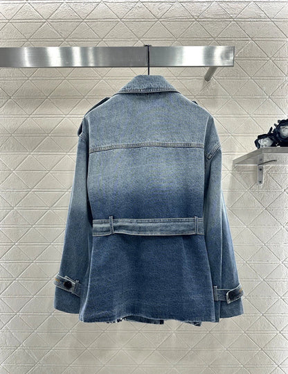 Printed denim mid length jacket