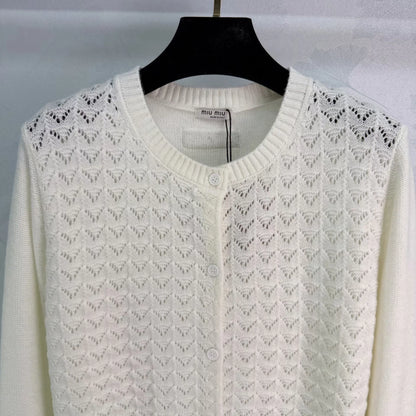 Feather-patterned openwork knit cardigan