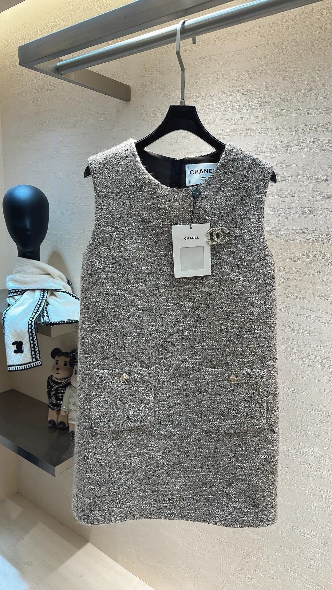 Tweed Brooch Vest Dress