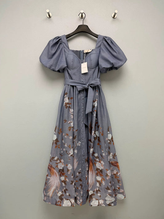 26Corset-Style Maxi Dress with Puff Sleeves and Floral-Bird Print