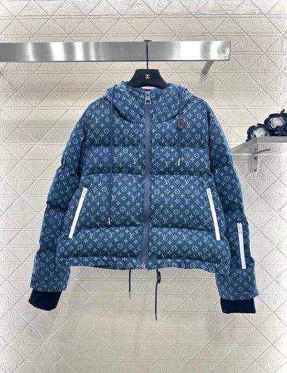 Hooded drawstring zipper denim down