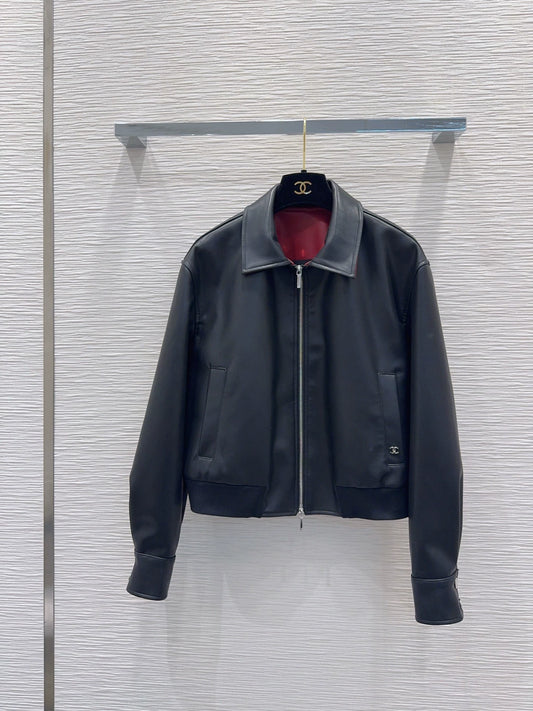 26Long-Sleeve Jacket with Logo and Zipper – PU Leather